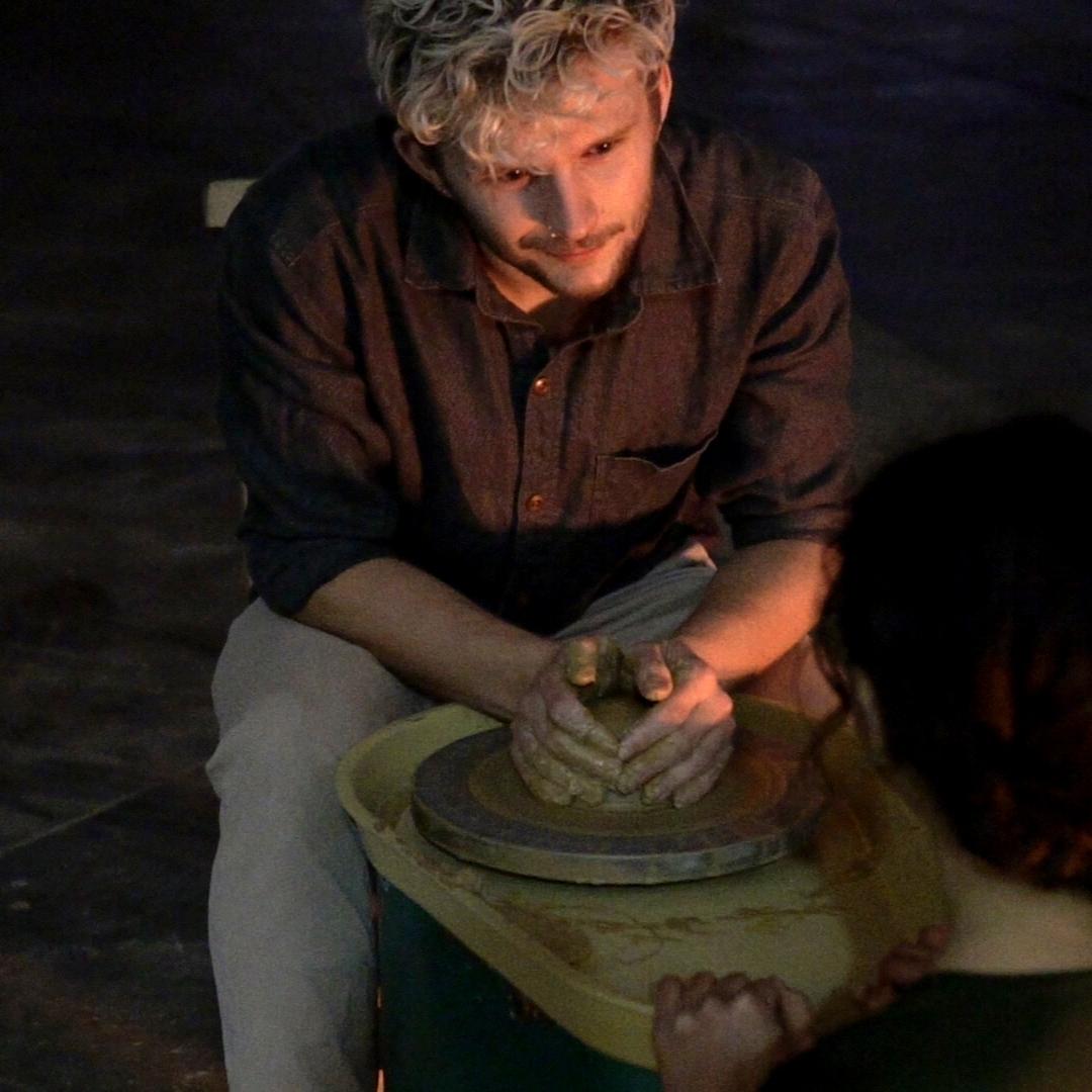 2022 funding recipient Samuel Matthewman and artist Mireia Sala doing pottery